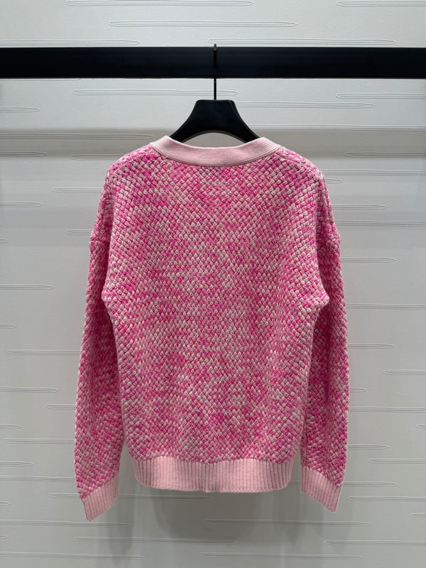 CC 25 Contrast Color V-Neck Cardigan 5 Brooch Pink Wool 305405