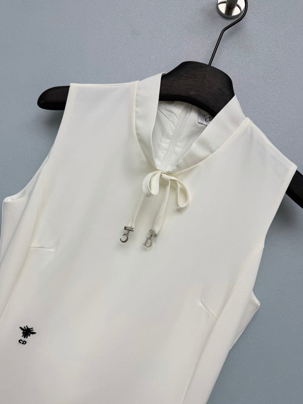 Dior 26 Sleeveless Stand Collar Lace-Trimmed Dress White in Satin 372928