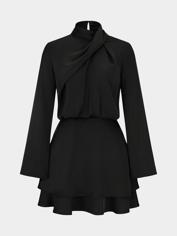 Long Sleeve Cross Neck Satin Tiered Mini Dress