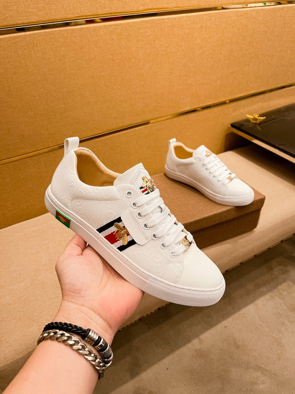 GG ACE EMBROIDERED BEE WHITE LEATHER