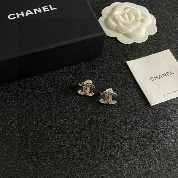 DOUBLE C STUD EARRINGS IN SILVER METAL FULLY DIAMOND