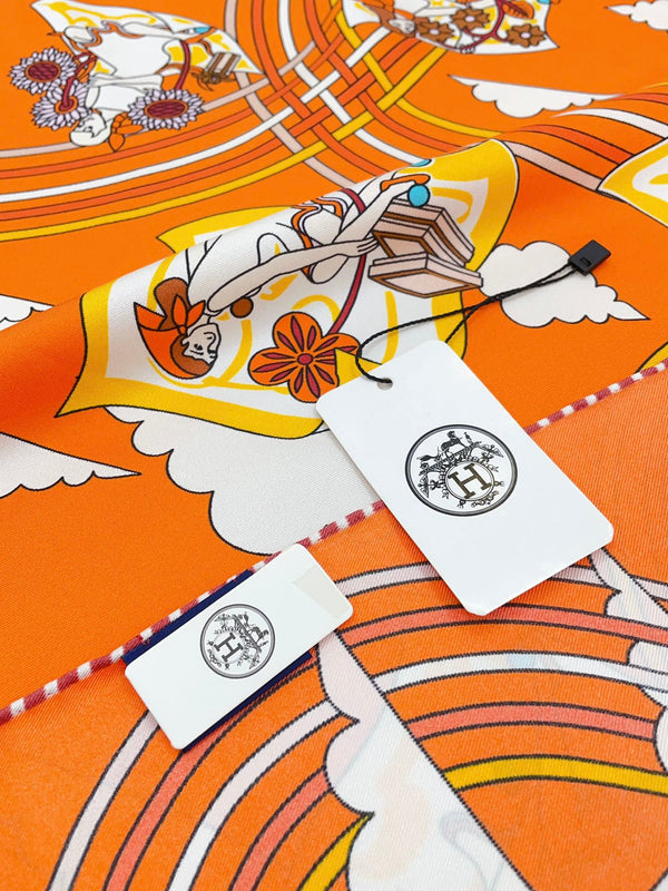 Carres Volants Scarf 90 CM In Orange Colorful Silk Twill 244995