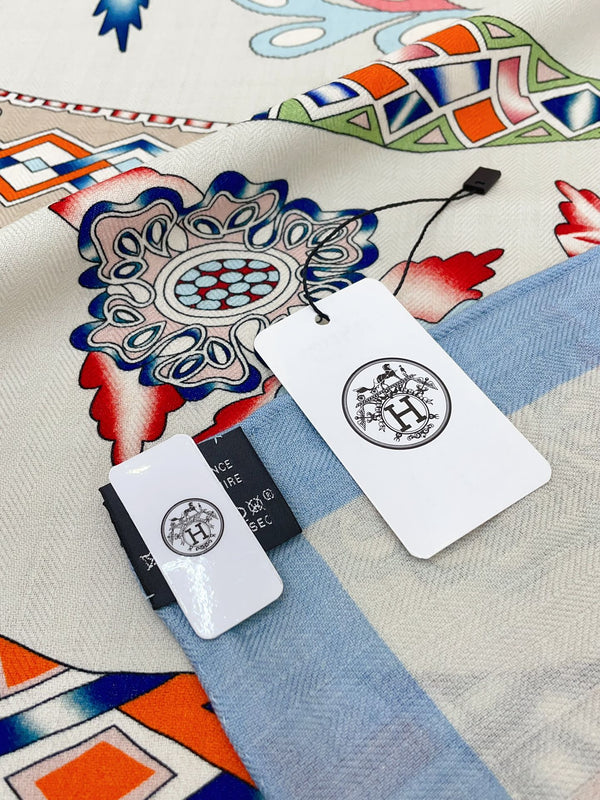En Attendant Ulysse Shawl 140 CM In Light Blue Colorful Cashmere And Silk 294497