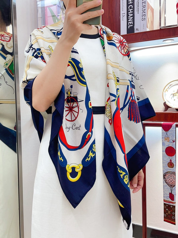 Palonniers Scarf 135 CM In Navy Blue Colorful Cashmere And Silk 327473