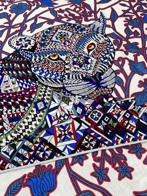 Le Jaguar Et Le Colibri Shawl 135 CM Blue Colorful Cashmere And Silk 357902