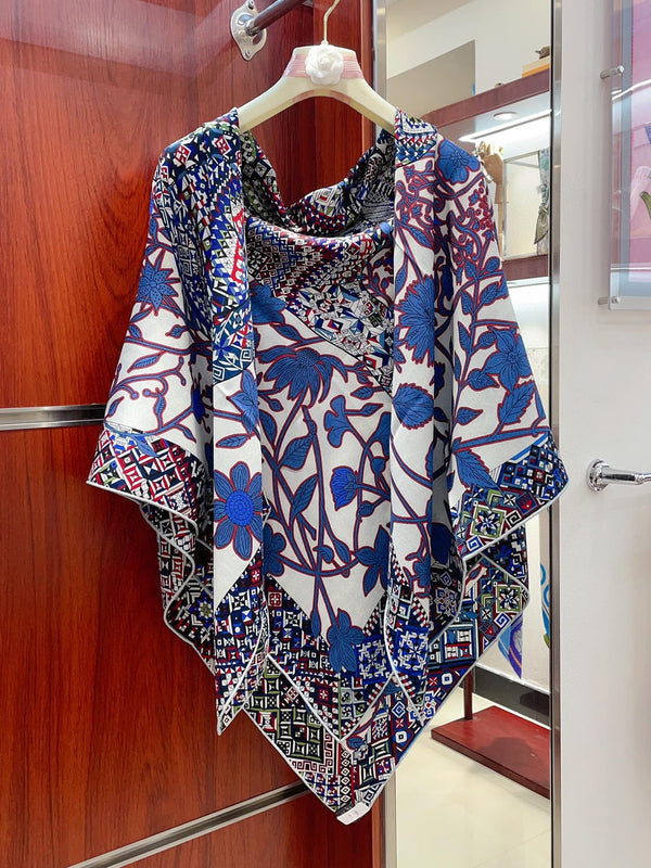 Le Jaguar Et Le Colibri Shawl 135 CM Blue Colorful Cashmere And Silk 357902