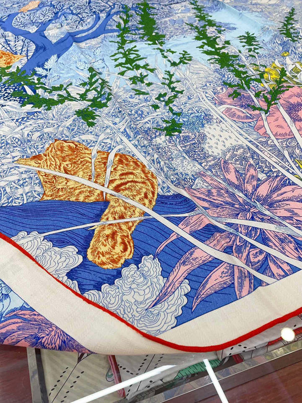 Square Scarf 140CM In Dakr Blue Colorful Cashmere And Silk