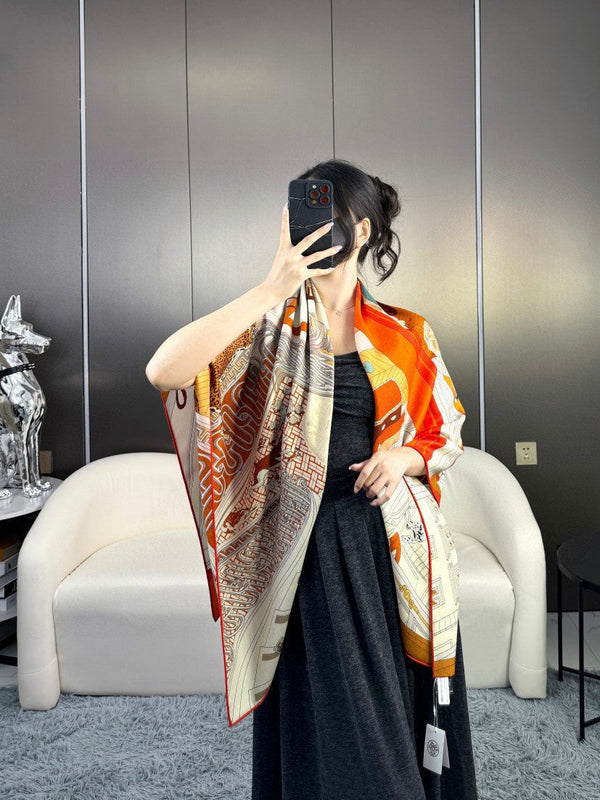 Square scarf 135 CM Yellow Orange Colorful Cashmere And Silk