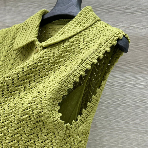 Gucci 25 Hollow Knitted Polo Vest Dress Avocado Green Polyester Fiber
