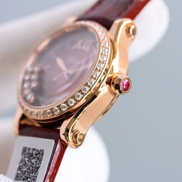 HAPPY SPORT 36MM AUTOMATIC ROSE GOLD DIAMOND BEZELRED DIAL