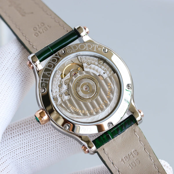 HAPPY SPORT 36MM ROSE GOLD DIAMOND BEZEL GREEN DIAL