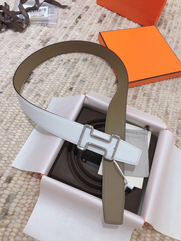 H TONIGHT BELT 38MM WHITE ETOUPE LEATHER