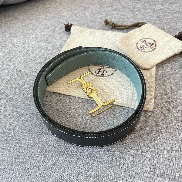 H MARIN REVERSIBLE BELT 32MM GOLD BUCKLE BLACK SKY BLUE LEATHER