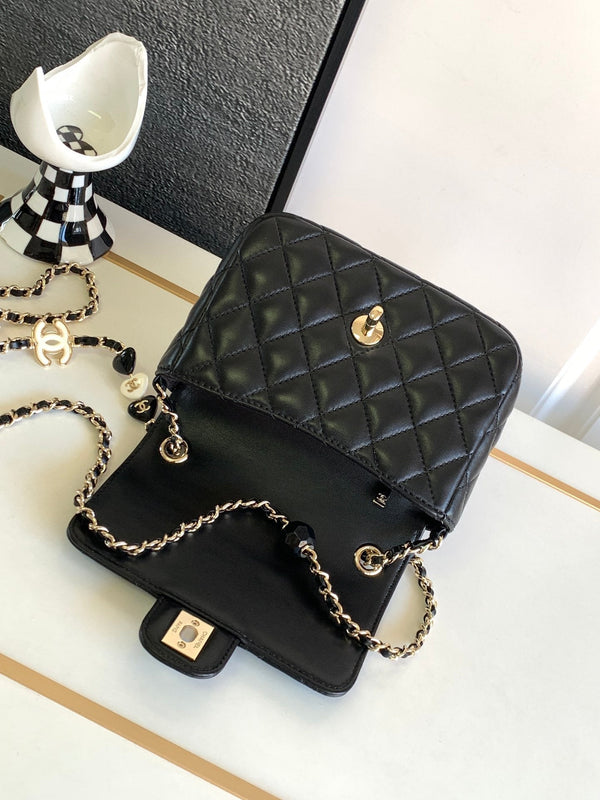 MINI SQUARE FLAP BAG 17CM BLACK LAMBSKIN LIGHT GOLD HARDWARE