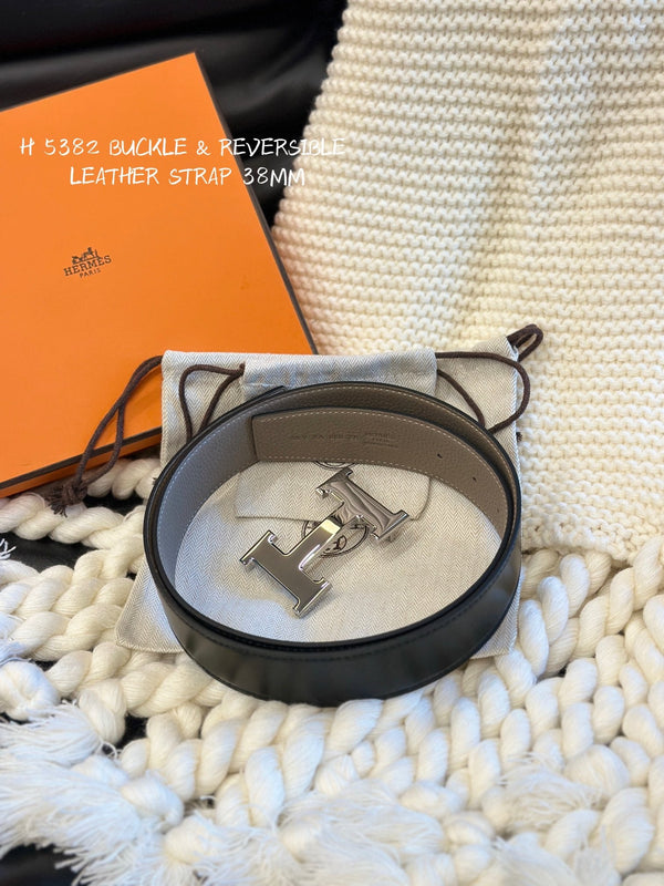 H 5382 BELT 38MM SILVER BUCKLE & REVERSIBLE BEIGE AND BLACK LEATHER