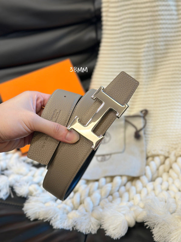 H 5382 BELT 38MM SILVER BUCKLE & REVERSIBLE BEIGE AND BLACK LEATHER