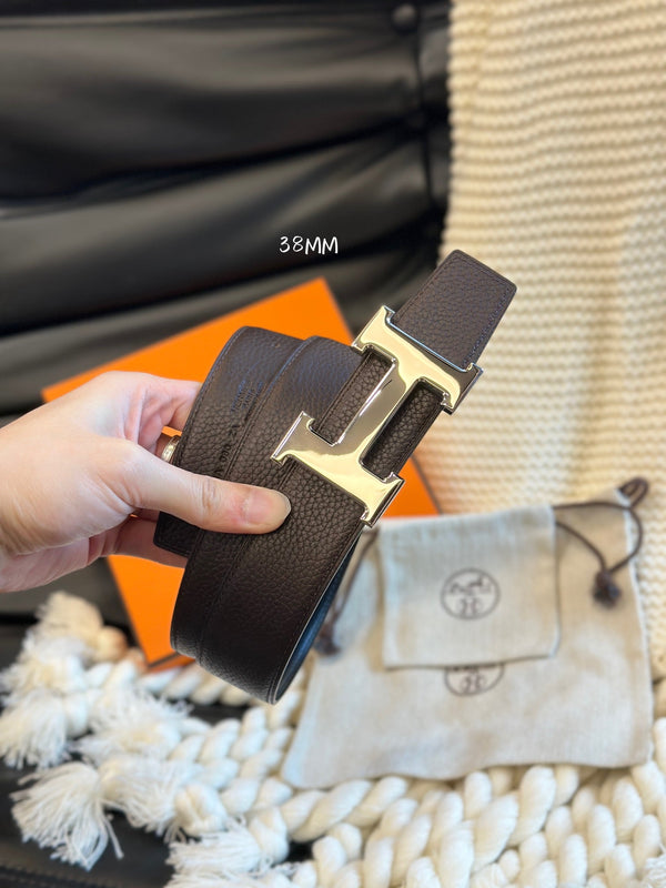 H 5382 BELT 38MM SILVER BUCKLE & REVERSIBLE CHOCOLATE AND BLACK LEATHER