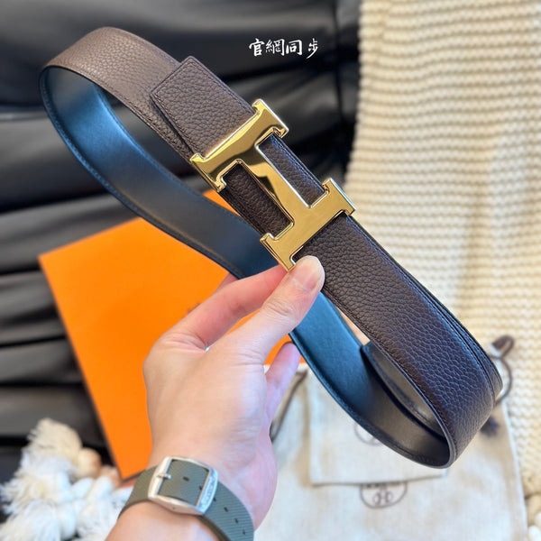 H 5382 BELT 38MM GOLD BUCKLE & REVERSIBLE CHOCOLATE AND BLACK LEATHER