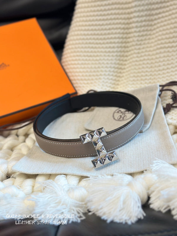 H QUIZZ PARTY BELT 24MM SILVER BUCKLE & REVERSIBLE GRAY AND BLACK LEATHER