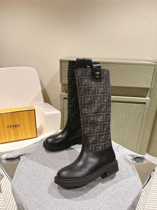 Fendi Long Boots F Pattern Black Cowhide 463749
