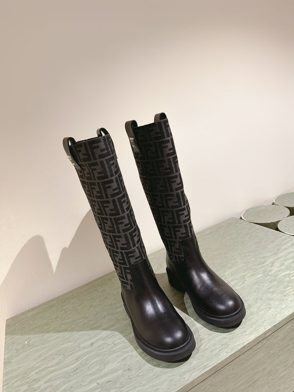 Fendi Long Boots F Pattern Black Cowhide 463749