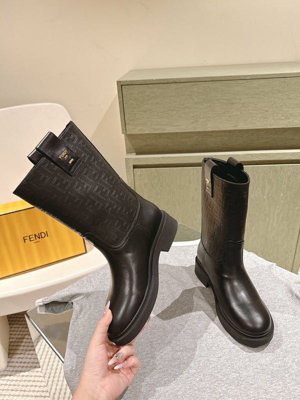Fendi Ankle Boots F Embossed Pattern Black Cowhide 463741
