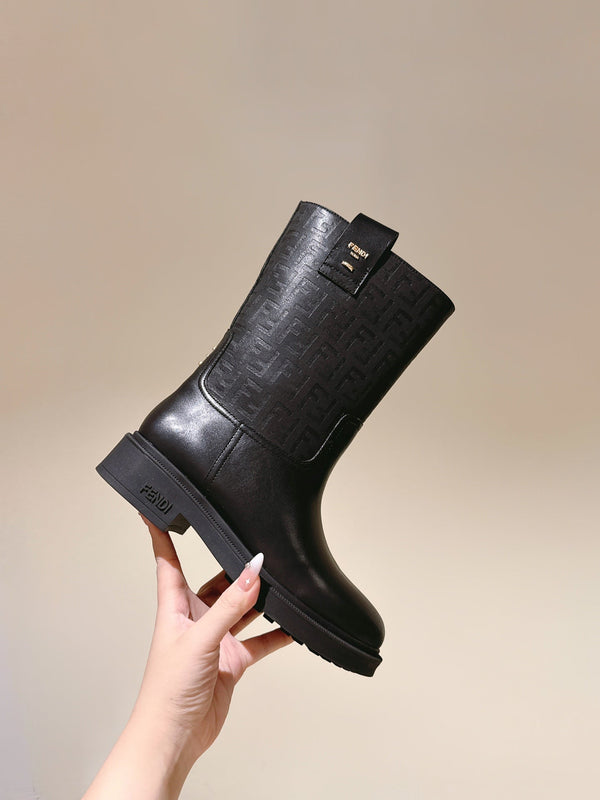 Fendi Ankle Boots F Embossed Pattern Black Cowhide 463741