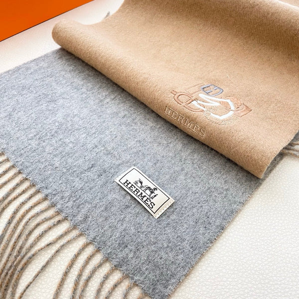 HM 25 Double- Sided Small H Puzzle Scarf 180cm Cashmere Camel Gray 825642