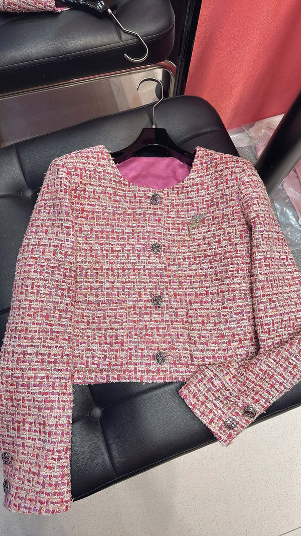 CC 25F Crew Neck Brooch Jacket Pink Cotton