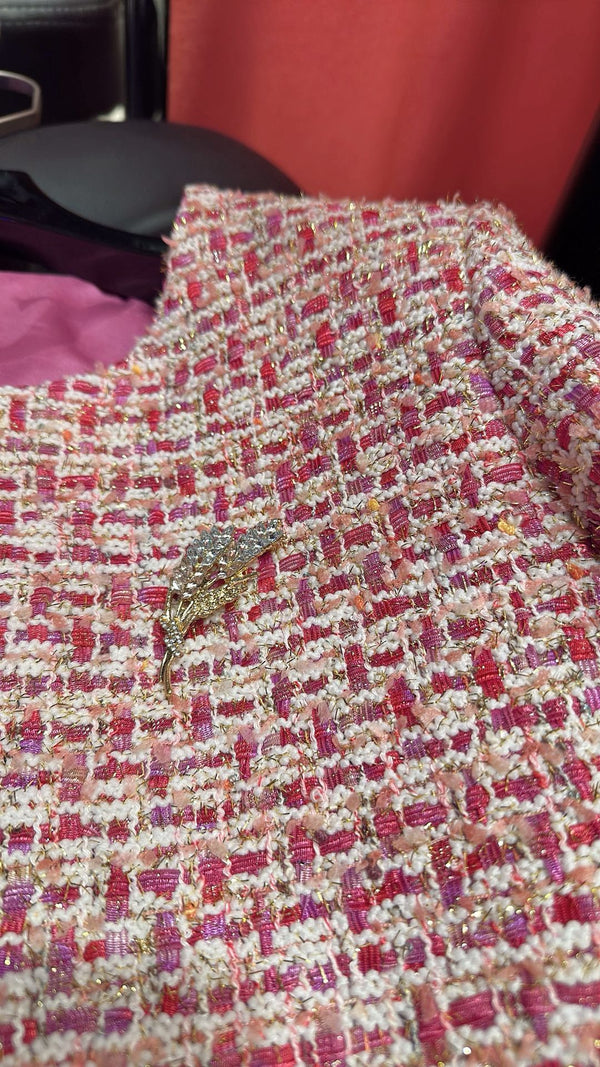 CC 25F Crew Neck Brooch Jacket Pink Cotton