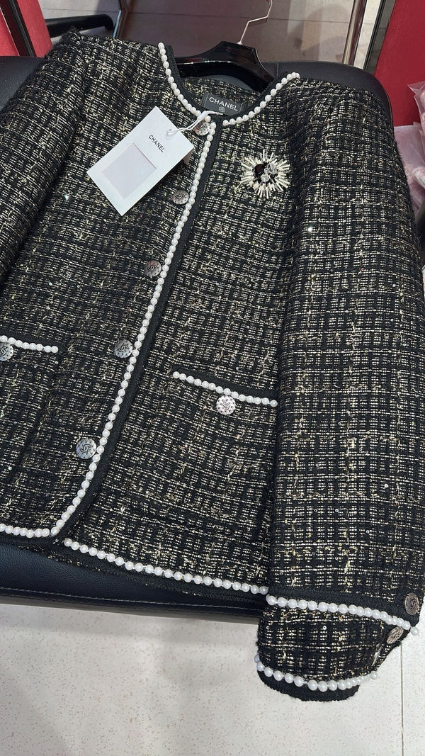 CC 25 Catwalk Style Custom Gold Woven Woolen Pearl Trim Black Coat