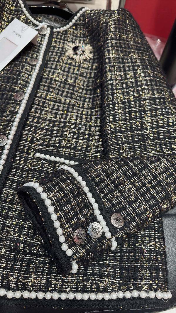 CC 25 Catwalk Style Custom Gold Woven Woolen Pearl Trim Black Coat