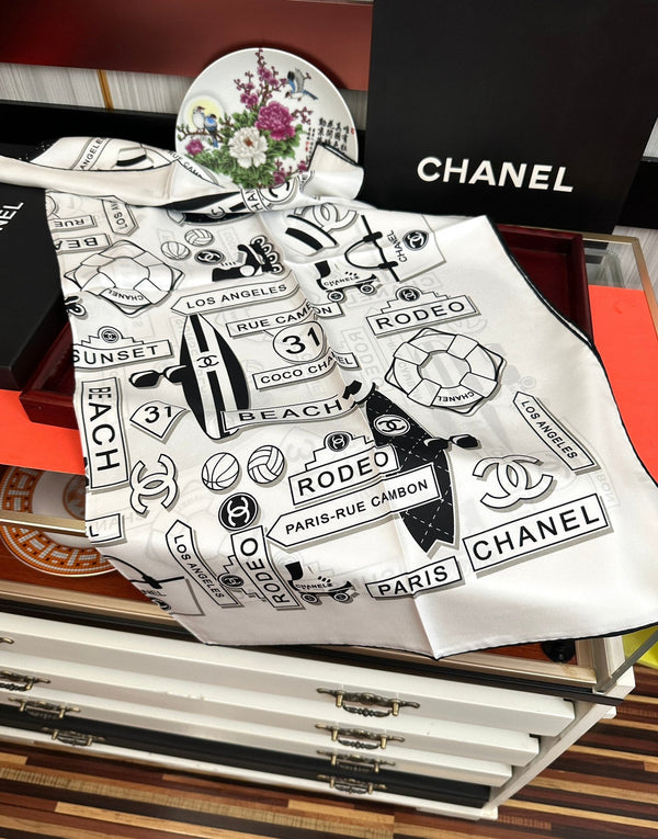 CC Square 90cm White Silk Scarf 828802