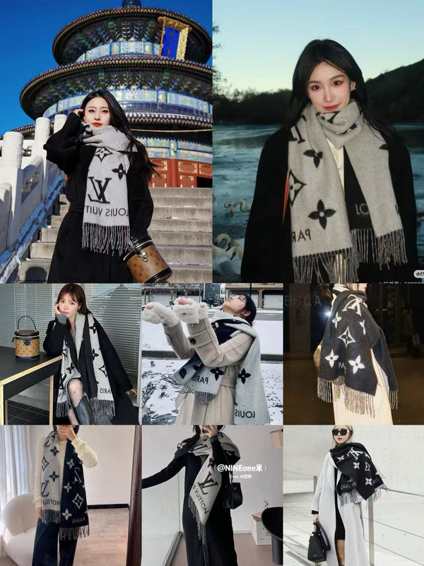 LV Reykjavik Scarf 170cm Black Gray Cashmere 839547