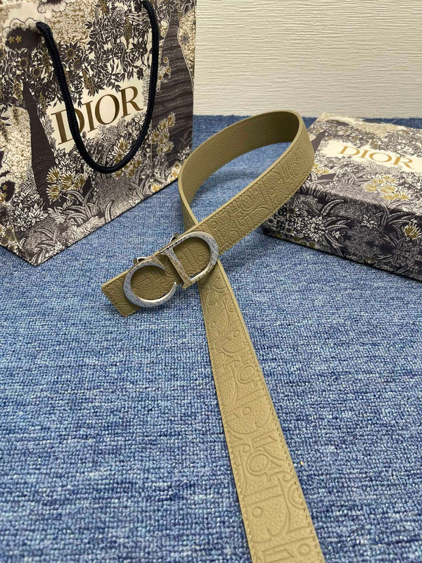 CD Belt 35mm Kumo Cannage Pattern Olive Green Leather Silver Buckle