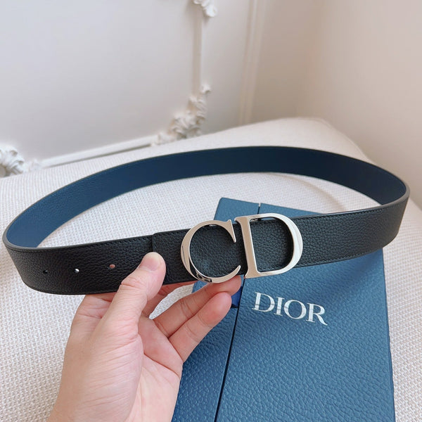 CD Belt 35mm Black Blue Leather Silver Logo Buckle