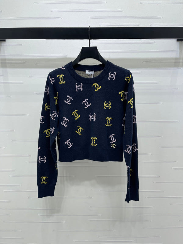 CC 25 Jacquard Long-Sleeved Pullover Sweater Black Wool