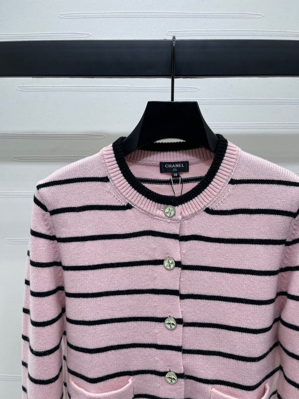 CC 25 Round Neck Striped Knitted Wool Pink Cardigan