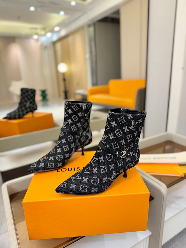 LV 6AM Ankle Boots 55mm Heel Navy Blue Denim 504807