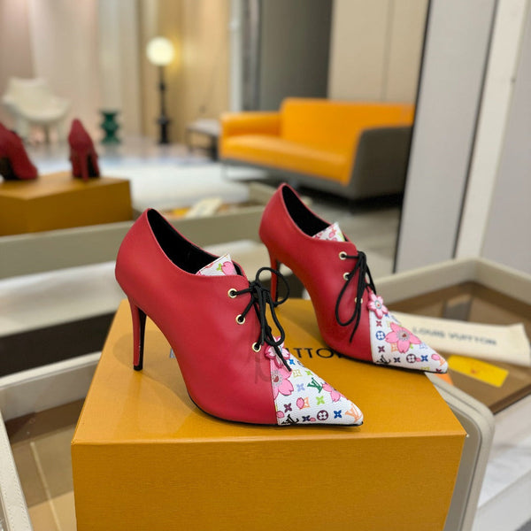 LV Ankle Boot 90mm Red Calfskin Mix Cherry Blossom Monogram 504792