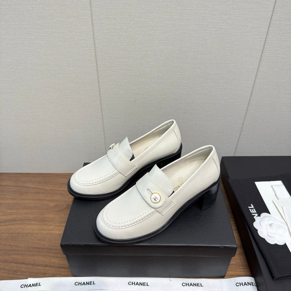 CC 25K Logo Button Loafers 35mm High Heel White Calfskin 517626