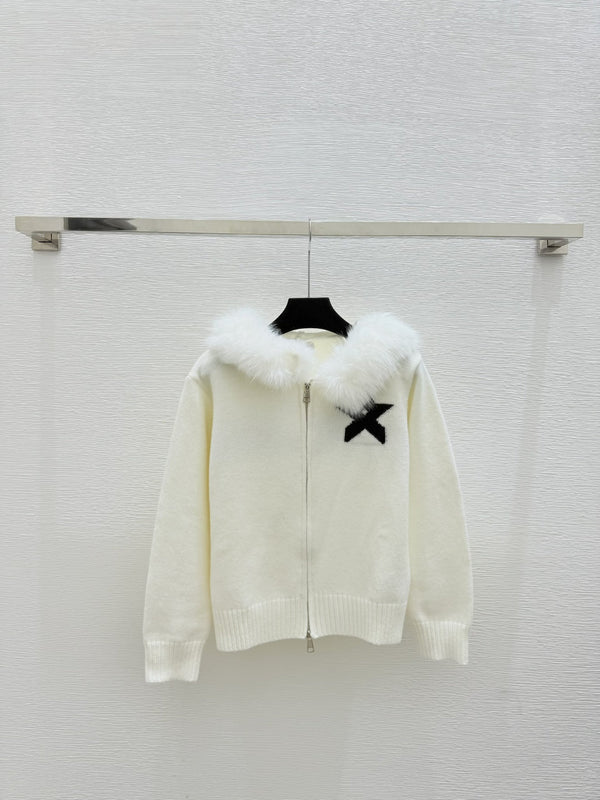 CD Feather-embellished Hooded Knit Long-sleeved Cardigan with Back Lettering