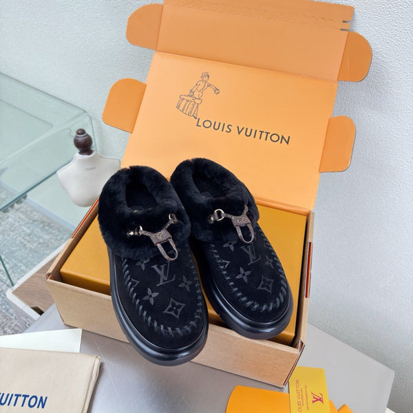 LV Lamb-lined Platform Slippers Black Lamb Wool Suede 566892