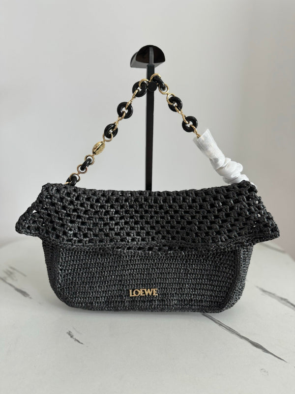 LOE Ola Bag 26 Black in Raffia and Calfskin 274683