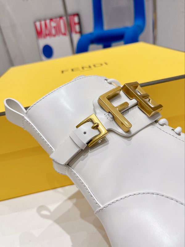Fendi Martin Boots with Metal Buckle White in Cowhide 576793