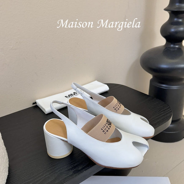 Maison Margiela Split-Toe Peep-Toe Chunky Heel Slingback White in Sheepskin 580438