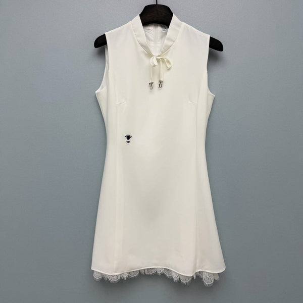 Dior 26 Sleeveless Stand Collar Lace-Trimmed Dress White in Satin 372928