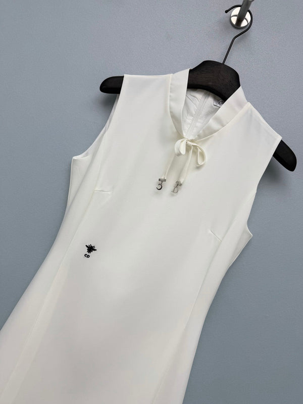 Dior 26 Sleeveless Stand Collar Lace-Trimmed Dress White in Satin 372928