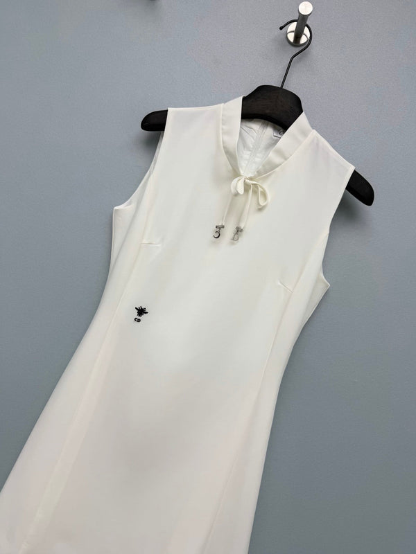 Dior 26 Sleeveless Stand Collar Lace-Trimmed Dress White in Satin 372928