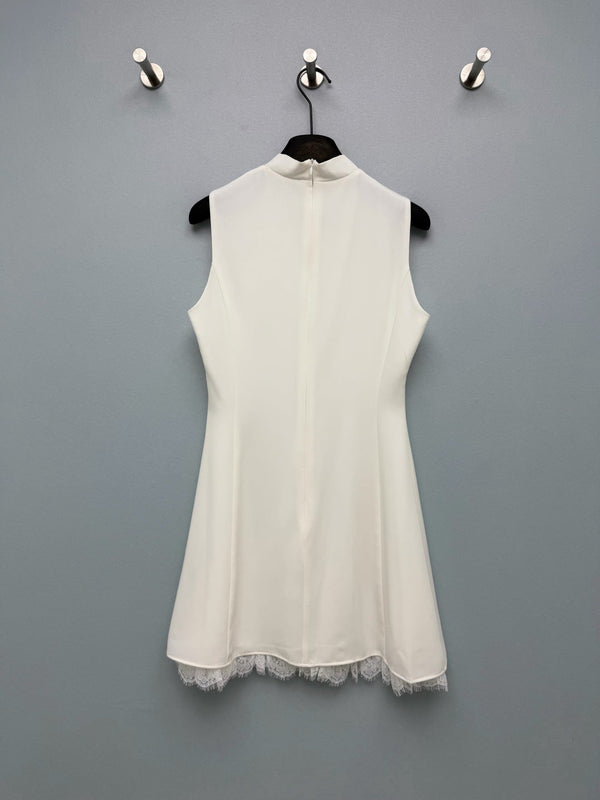 Dior 26 Sleeveless Stand Collar Lace-Trimmed Dress White in Satin 372928